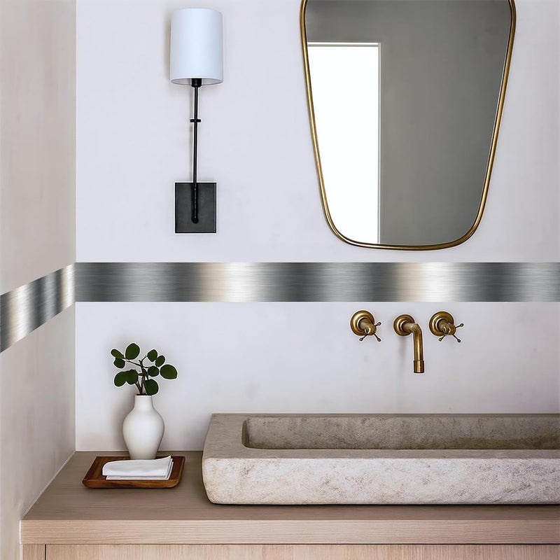 IOHEFY Metallic Stripe Wallpaper Border 196x4 Inch Peel and Stick Wall Border Silver Grey Brushed Metal Pattern Removable Vinyl Wall Trim for Kitchen Bathroom Living Room Office Decor - Image 3